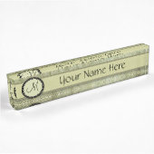 Porte-nom Pour Bureau Moss Green Feather Motif avec Monogram
