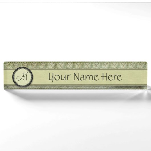 Porte-nom Pour Bureau Moss Green Feather Motif avec Monogram (Devant)