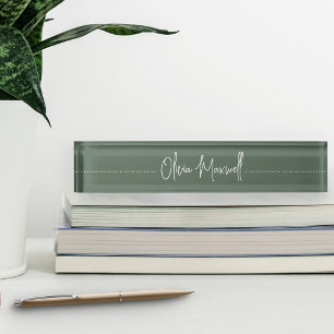 Porte-nom Pour Bureau Moss Green Sketched Cursive Nom du bureau