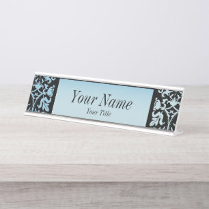 Porte-nom Pour Bureau Motif Damas en bleu et noir Aqua   Texte DO-IT-YOU