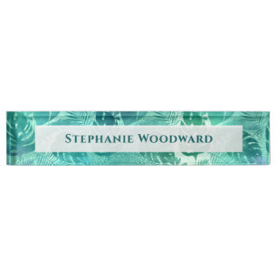Porte-nom Pour Bureau Motif de feuillage tropical bleu vert