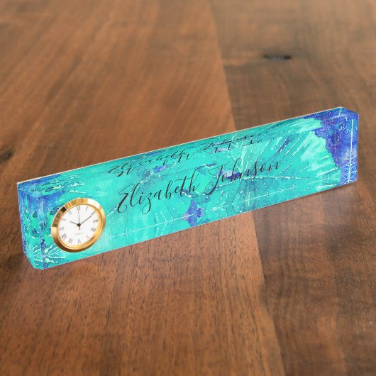 Porte-nom Pour Bureau Motif de feuille bleue tropicale (Taille)