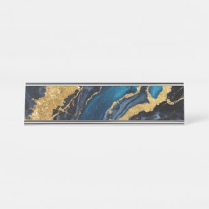 Porte-nom Pour Bureau Motif en marbre bleu avec or