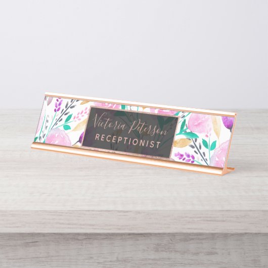 Porte-nom Pour Bureau Motif floral d'aquarelle rose moderne de turquoise (Devant)