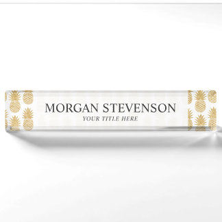 Porte-nom Pour Bureau Motif tropical élégant d'ananas d'or blanc