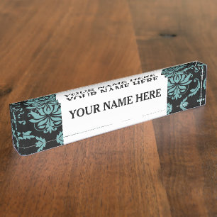 Porte-nom Pour Bureau Motif vintage turquoise et noir de damassé