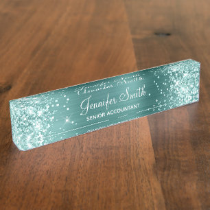 Porte-nom Pour Bureau Mousse de mer Parties scintillant verte Faux Aqua