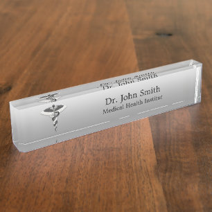 Porte-nom Pour Bureau Noble Médicale Élégant Noir Blanc Caduceus