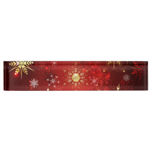 Porte-nom Pour Bureau Noël Golden Snowflakes sur Arrière - plan rouge