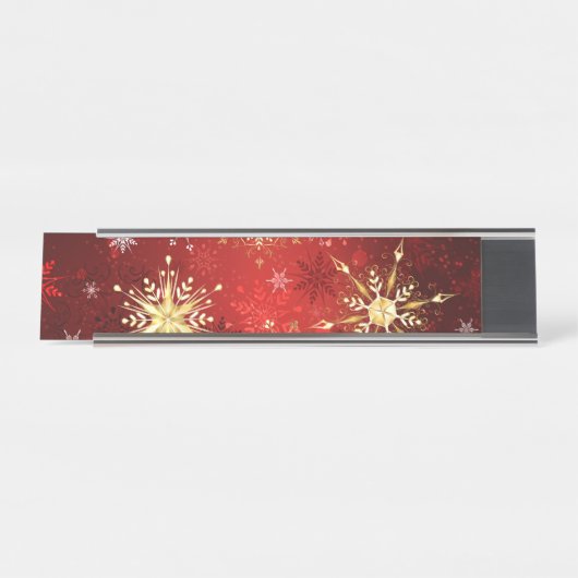 Porte-nom Pour Bureau Noël Golden Snowflakes sur Arrière - plan rouge (Devant)