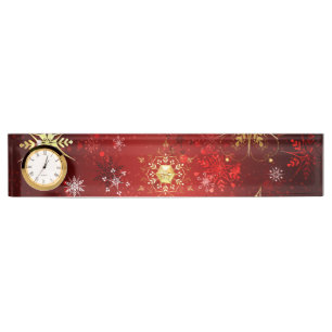 Porte-nom Pour Bureau Noël Golden Snowflakes sur Arrière - plan rouge