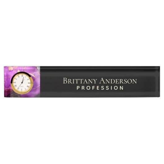 Porte-nom Pour Bureau Noir Abstrait violet or (Devant)