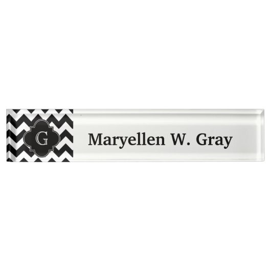 Porte-nom Pour Bureau Noir blanc Chevron noir Quatrefoil Monogramme (Devant)