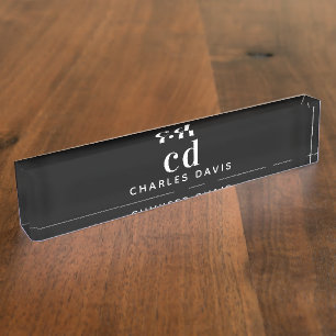Porte-nom Pour Bureau Noir blanc initiales monogramme minimaliste