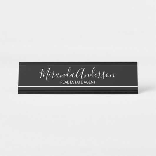 Porte-nom Pour Bureau Noir et blanc professionnel avec nom de script (Devant)