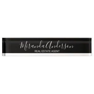 Porte-nom Pour Bureau Noir et blanc professionnel avec nom de script Des