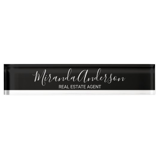 Porte-nom Pour Bureau Noir et blanc professionnel avec nom de script Des (Devant)