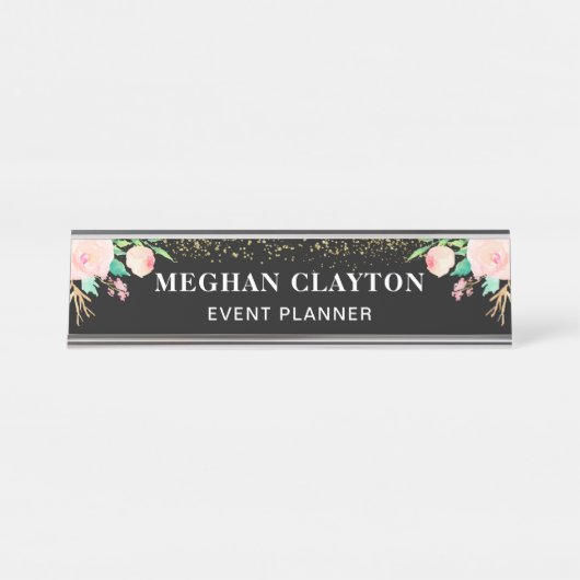 Porte-nom Pour Bureau Noir floral de rose élégant d'aquarelle (Devant)