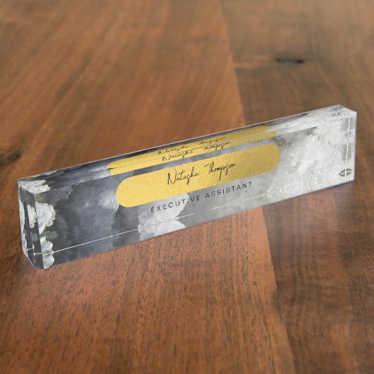 Porte-nom Pour Bureau Noir Gold Foil Crystals de mer Signature Script (Taille)