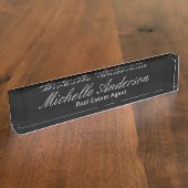 Porte-nom Pour Bureau Noir Gris Script Agent Immobilier Plaque (Taille)