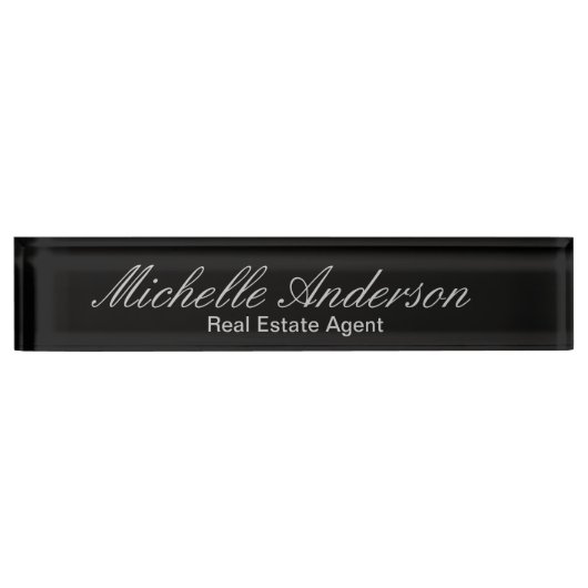 Porte-nom Pour Bureau Noir Gris Script Agent Immobilier Plaque (Devant)