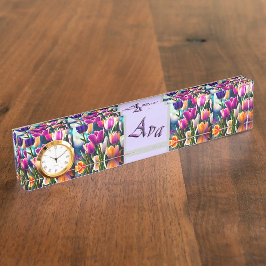 Porte-nom Pour Bureau Nom Ava Violet Avec Tulipes, (Taille)