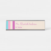 Porte-nom Pour Bureau Nom de l'enseignant mignon rose bleu et beige rayé (Devant)