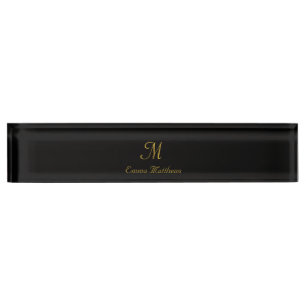 Porte-nom Pour Bureau Nom de script Monogram Elegant Black & Gold