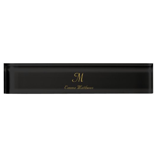 Porte-nom Pour Bureau Nom de script Monogram Elegant Black & Gold (Devant)