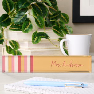 Porte-nom Pour Bureau Nom d'enseignant écriture rose orange et bandes do
