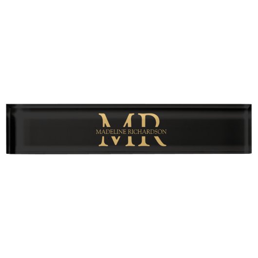 Porte-nom Pour Bureau Nom du monogramme professionnel Black Gold Initial (Devant)