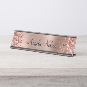 Porte-nom Pour Bureau Nom en feuille de rose doré fausse scintillante