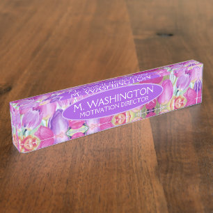 Porte-nom Pour Bureau NOM et TITRE Tulipe Florale Rose Aquarelle