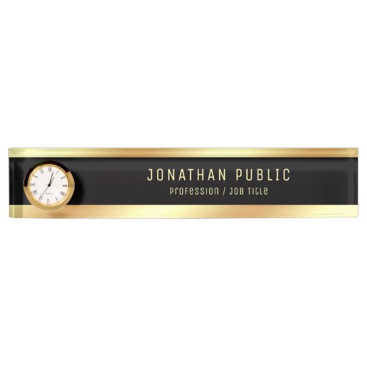 Porte-nom Pour Bureau Nom Gold élégant Modèle noir moderne avec horloge (Devant)