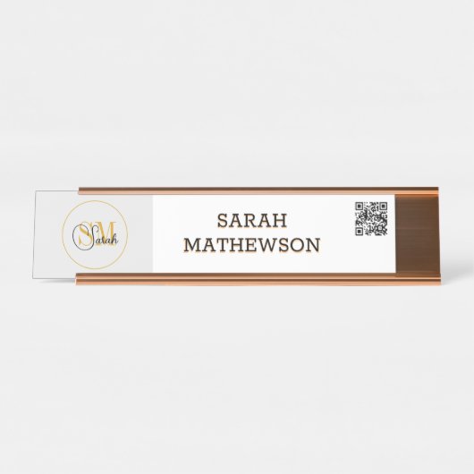 Porte-nom Pour Bureau Nom monogramme et signature élégante / code QR (Devant)