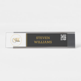 Porte-nom Pour Bureau Nom monogramme et signature moderne / code QR