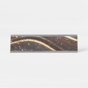 Porte-nom Pour Bureau Noyer foncé Grain en bois avec des rivières en or