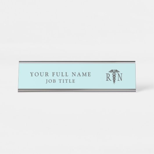 Porte-nom Pour Bureau Nurse RN Turquoise Bleu Médicale Caduceus (Devant)