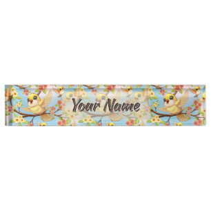 Porte-nom Pour Bureau Oiseaux mignons et heureux parmi les fleurs du pri