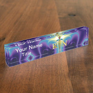Porte-nom Pour Bureau OR CADUCEUS SYMBOLE INFIRMIER INSCRIT /Purple Blue