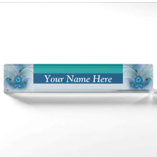 Porte-nom Pour Bureau Ovations debout, fractale bleue turquoise abstrait