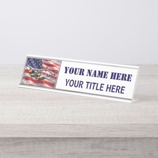 Porte-nom Pour Bureau P-38 Lightning avec drapeau américain (Devant)