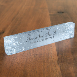 Porte-nom Pour Bureau Pailleté bleu lumière faux foil féminin