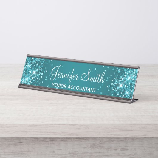 Porte-nom Pour Bureau Pailleté Dégradé Turquoise Foncé (Devant)