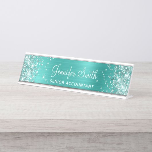 Porte-nom Pour Bureau Pailleté Turquoise Clair Feuille (Devant)