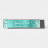 Porte-nom Pour Bureau Pailleté Turquoise Clair Feuille (Devant)