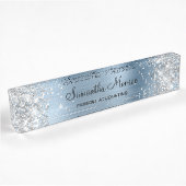 Porte-nom Pour Bureau Paillettes Argentées Bleu Clair Feuille