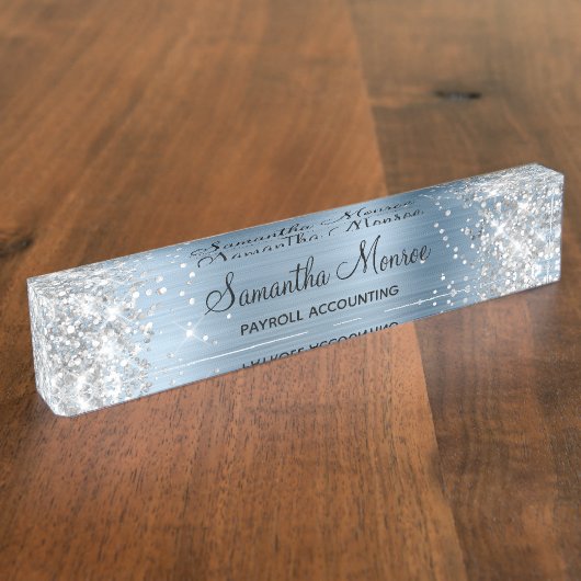 Porte-nom Pour Bureau Paillettes Argentées Bleu Clair Feuille (Taille)