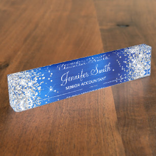 Porte-nom Pour Bureau Paillettes Argentées Faux Bleu Royal