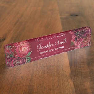 Porte-nom Pour Bureau Paillettes dorées et roses glamour rouges